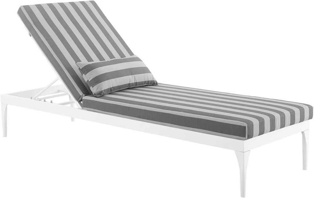 Aluminum Outdoor Patio Chaise with Cushions, Lounge Chair, White Striped Gray