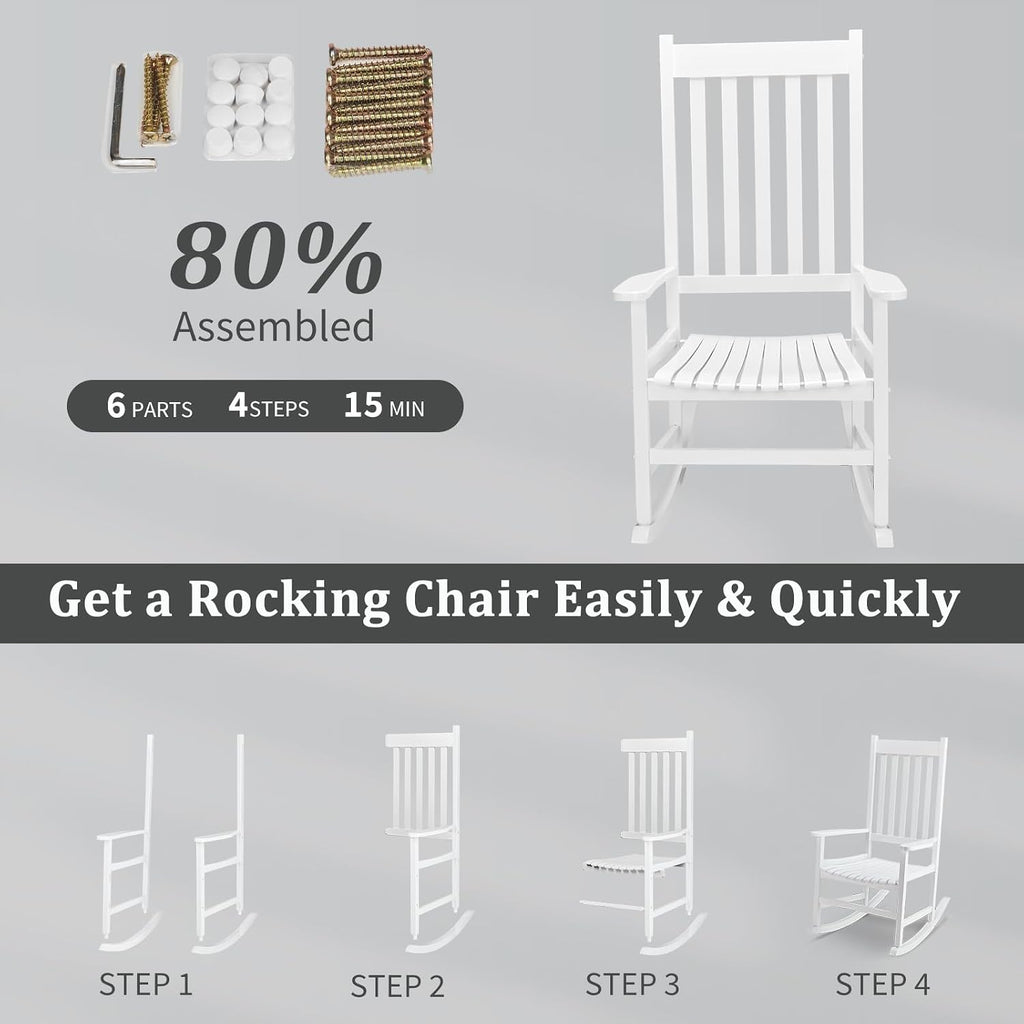 Outdoor Rocking Chair, Solid Wood High Back Porch Rocker, White | All-Weather Lounge Design Supports Patio, Fire Pit