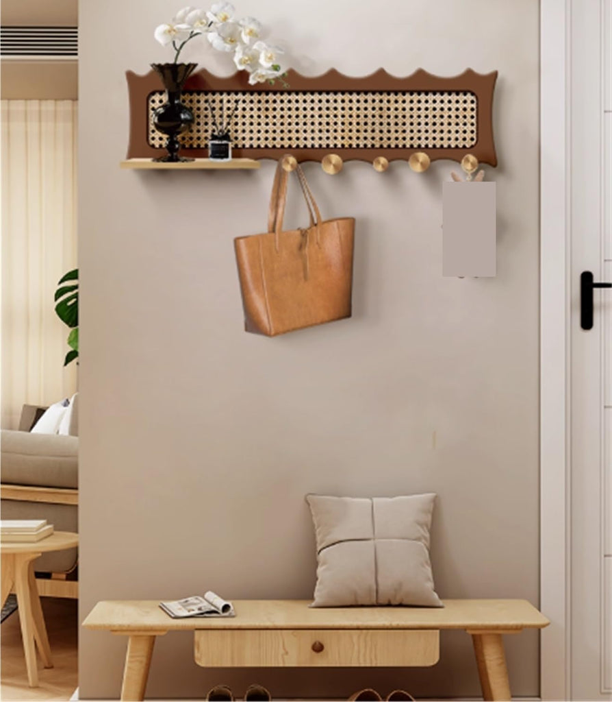 Mid-Century Wall-Mounted Coat Rack with Shelf Rattan-Inspired Entryway Organizer with 6 Hooks Wooden Hanging Rack