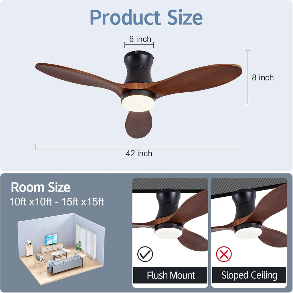 42 Inch Inspired Maverick Style Low Profile Smart Ceiling Hugger Fan with LED Light & Remote - Flush Mount, Solid Wood Blades, 6-Speed - Black