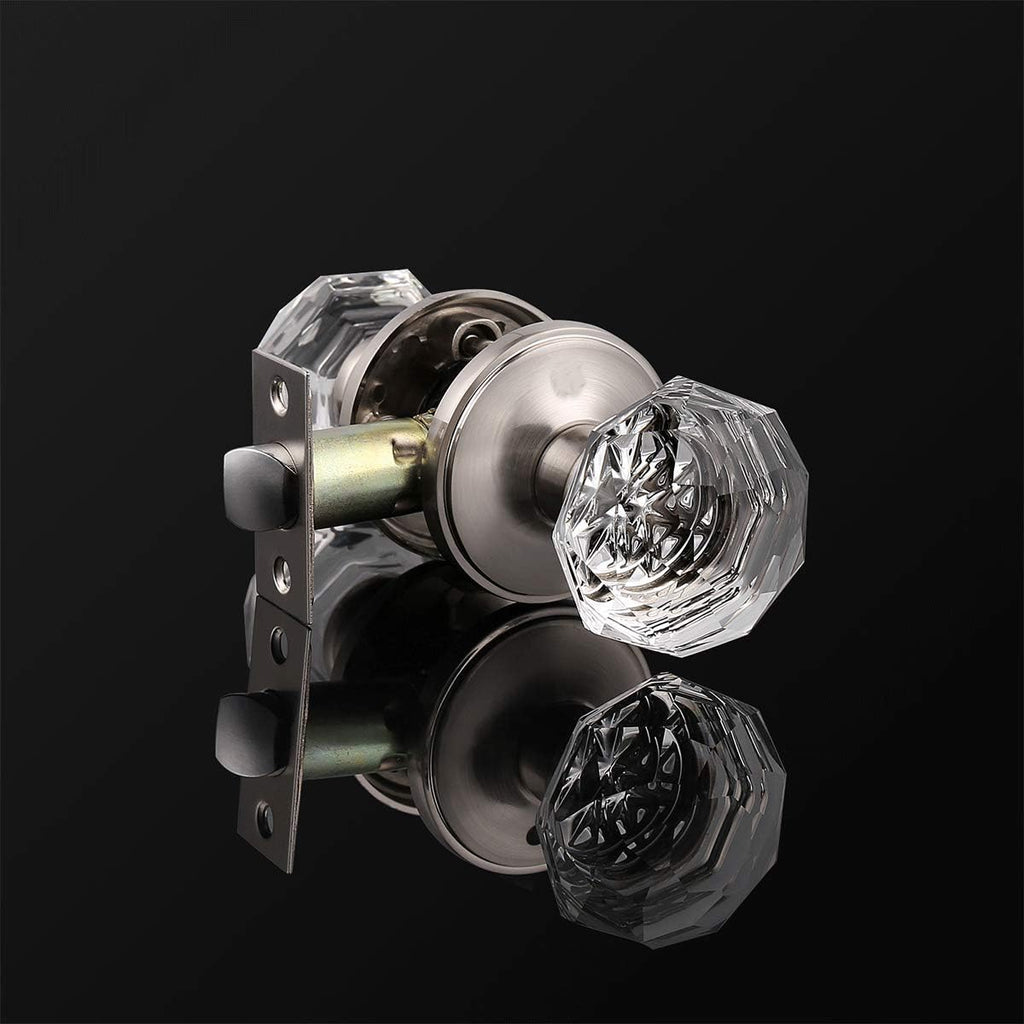 Passage Door Knobs Satin Nickel,Clear Glass Door Knob Interior,Keyless Crystal Doorknob with Lock(Hall/Closet)