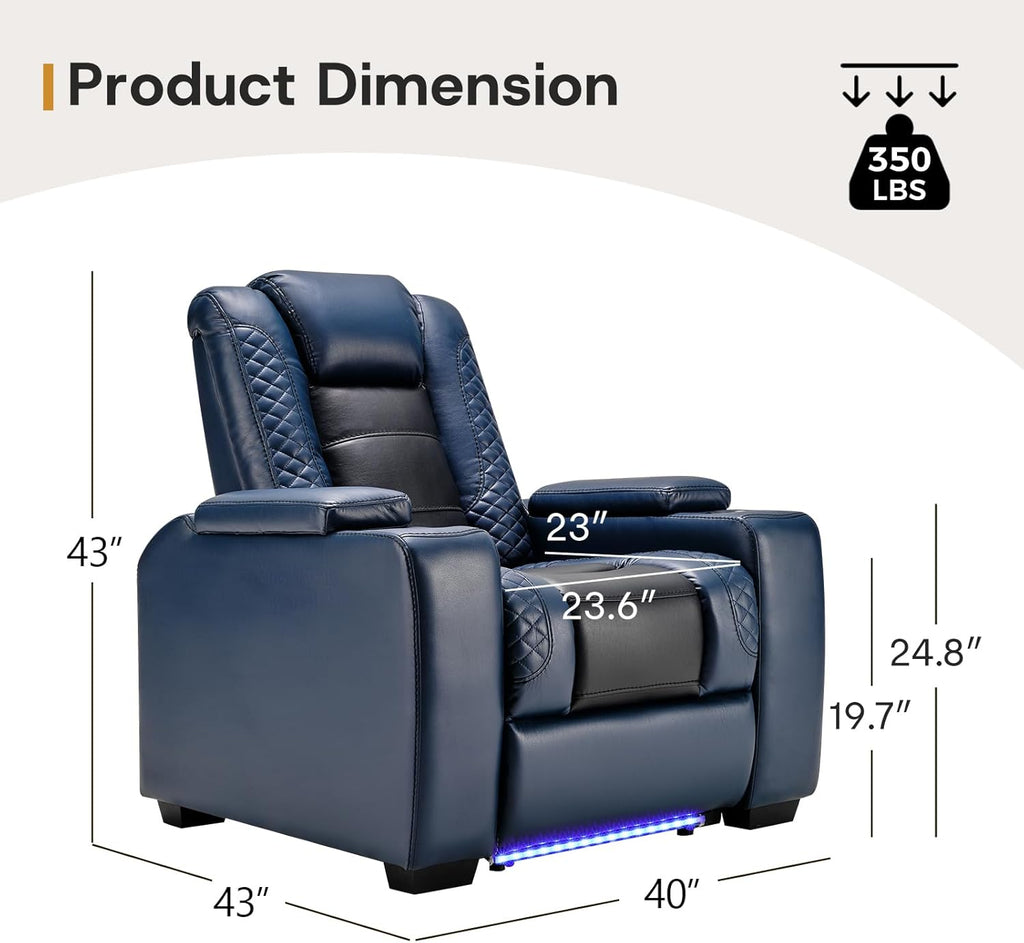 Power Home Theater Seating, PU Leather Electric Recliner Chair with Powered Headrest, Dual Motors Movie Reclining Chairs with LED Lights,USB Port, Cup Holders, Hidden Arm Storage (Blue & Black)