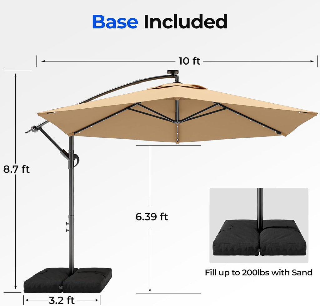 10FT Solar Offset Patio Umbrella with Base Included, 5-Year Fade-Resistant Canopy, 45° Easy Tilt Crank