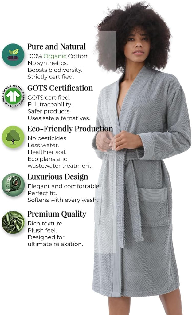 Turkish Cotton Bathrobe for Women - Organic GOTS Certified Terry Hooded Kimono Robe - Spa Quality Women's Cotton Robe