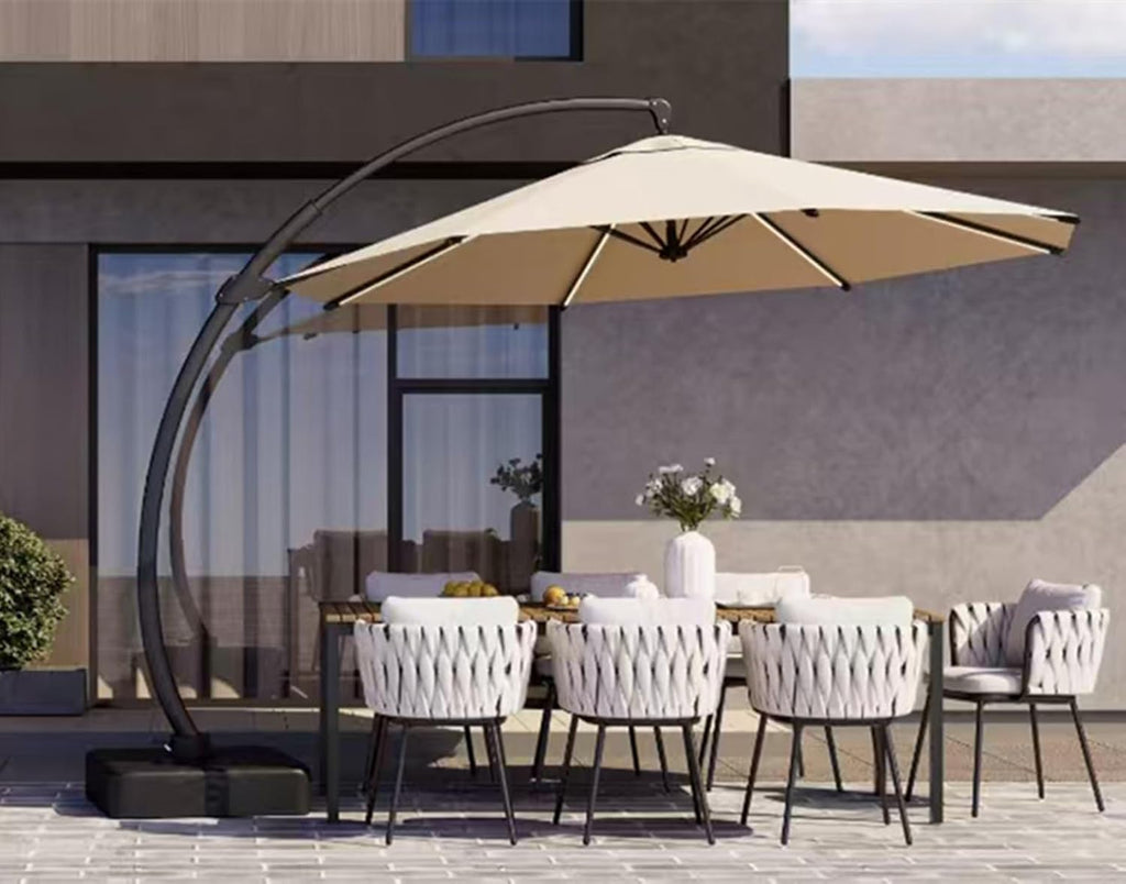 11ft Offset Cantilever Patio Umbrella with Solar Lights, Large Round Outdoor Umbrella with Base Included