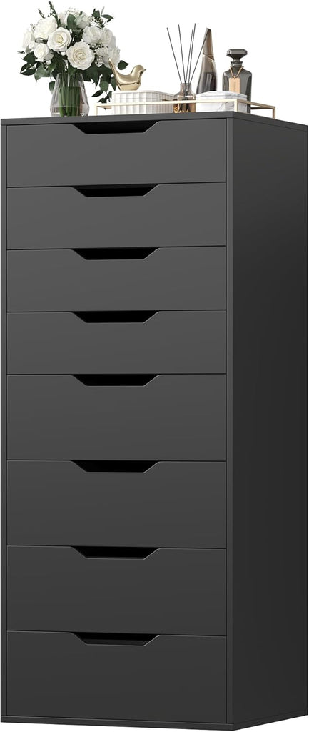 Tall Black Dresser, 8 Drawer Dresser with Groove Handles, Black Tall Dressers, Modern Chest of Drawers with Large