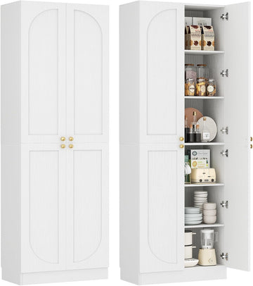 80" Kitchen Pantry, Extra Tall Arch Storage Cabinet with 4 Soft Close Doors and Adjustable Shelves, Freestanding Wood