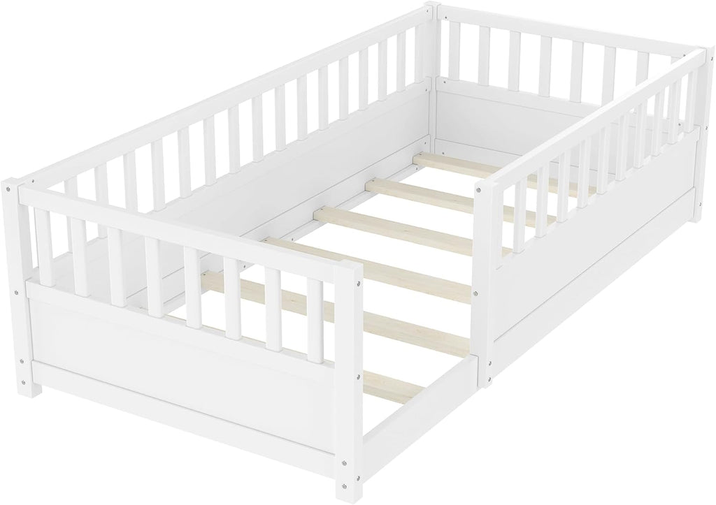 Twin Size Montessori Floor Bed with High Rails, High Rails Floor Bed with Slats and Fence, Easy Assemble Montessori