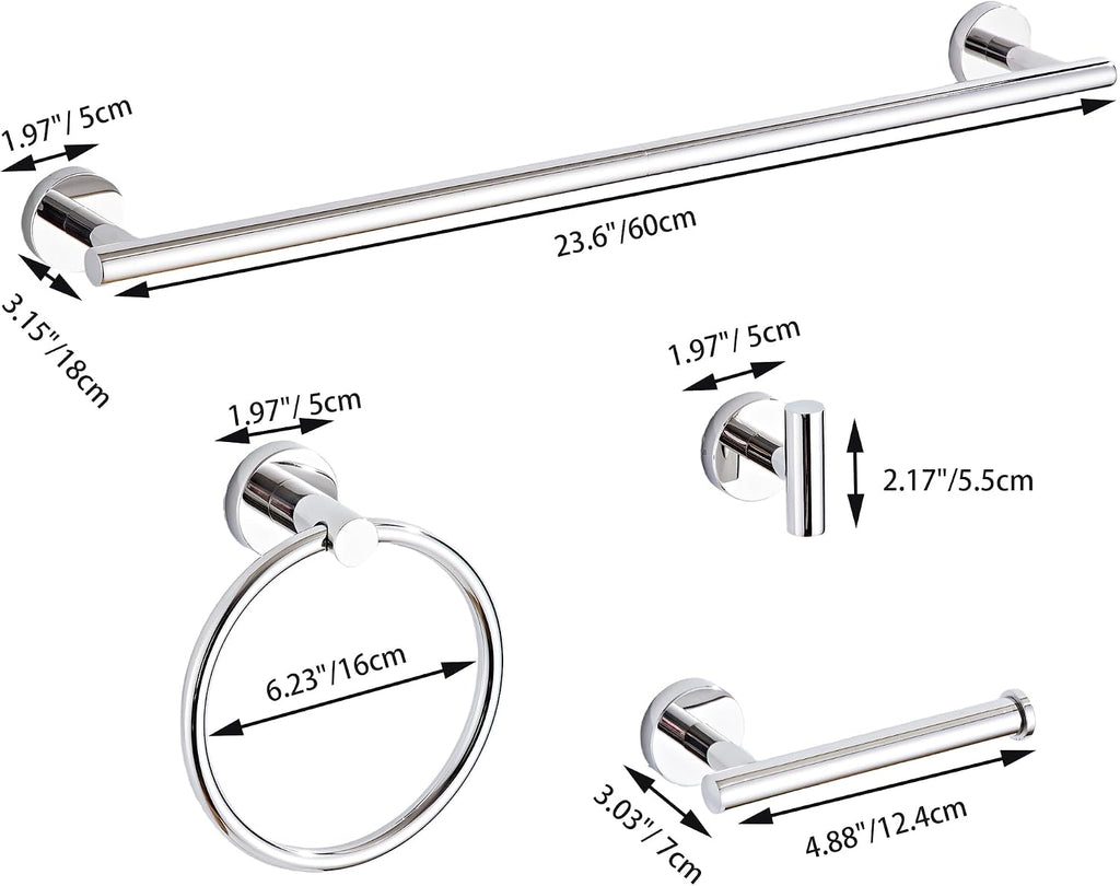 Chrome Bathroom Hardware Set 5 Piece with Towel Racks , SUS304 Stainless Steel Bath Towel Bar Set, 24 Inch Wall