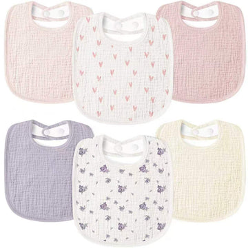 Muslin Baby Drool Bibs 6Pack Soft Square Adjustable Baby Bandana Bibs for Unisex Girls & Boys (Heart Print)