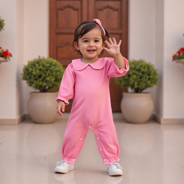 Baby Coming Home Outfit Boy Girl Plain Long Sleeve Romper Jumpsuit (Scalloped Collar-Pink, )