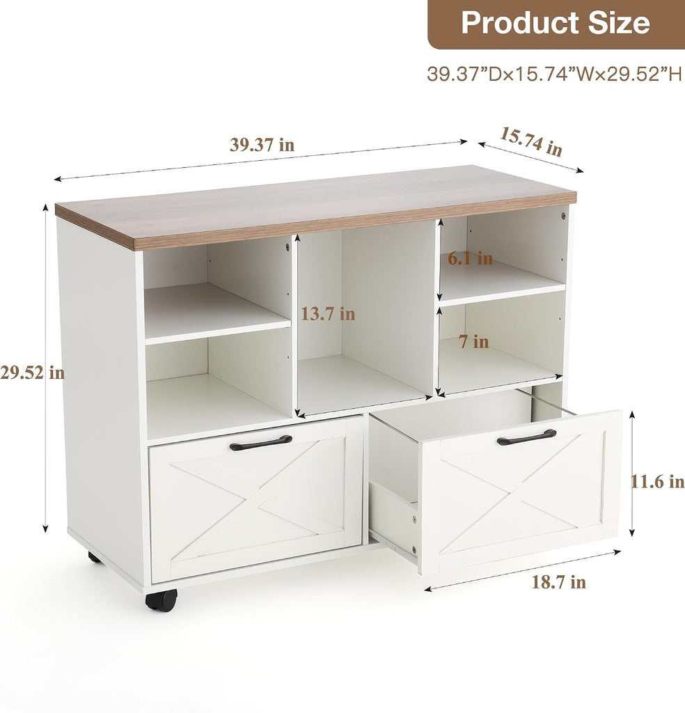 39.3" Lateral File Cabinet with Wheels, Farmhouse Wood File Cabinet with Drawers, Small Home Office File Cabinet with