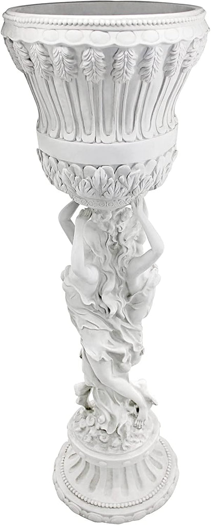 Les Filles Joyeuses Dancing Maidens Pedestal Column Plant Stand with Urn, 36 Inch Tall, Cast Stone Resin, Antique