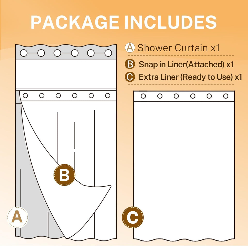 No Hooks Shower Curtain with 2 Snap in Liner, White, 71Wx74H | Waffle Weave, 1 Attached Snap in Liner and 1 Extra