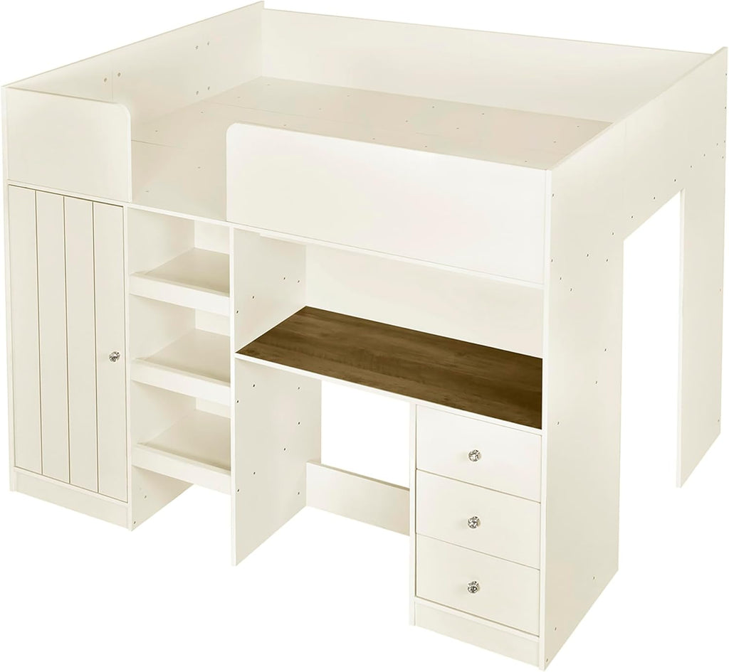 Full Loft Bed with Desk, Wood Full Loft Bed Frame with Built-in Wardrobe, Storage Shelves and Drawers, Beige