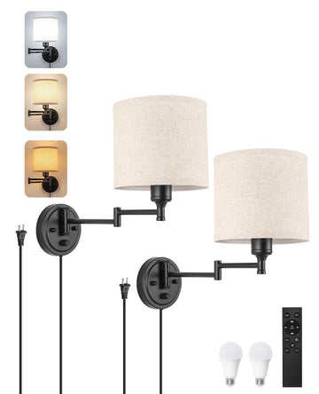 Plug in Wall Sconces with Remote Control, Dimming 10%-100% & Adjustable Colors 2700K-6500K, Hardwire or Plug