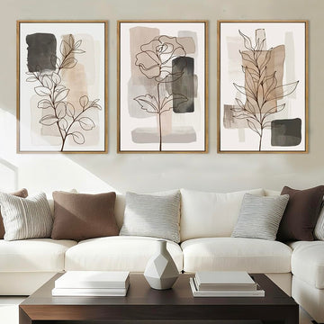 Extra Large Neutral Floral Framed Wall Art 24x36 Inch Tan Modern botanical Canvas Wall Decor Minimalist Black Flower