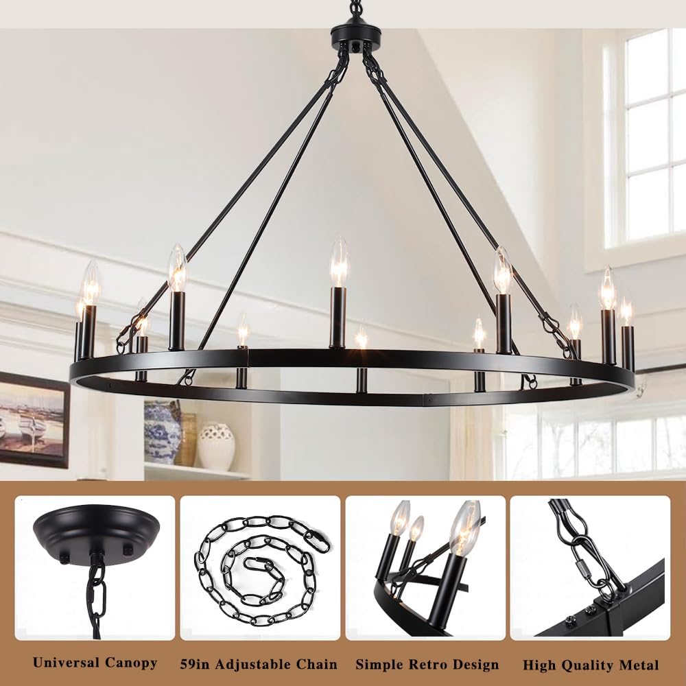 Inspired Camino Style Chandelier - Black Large Wagon Wheel Chandelier 38 inch, 12 Lights Farmhouse Chandelier, Industrial Rustic Candle Pendant Light Fixture for High Ceiling Living Room Dining Room Entryway
