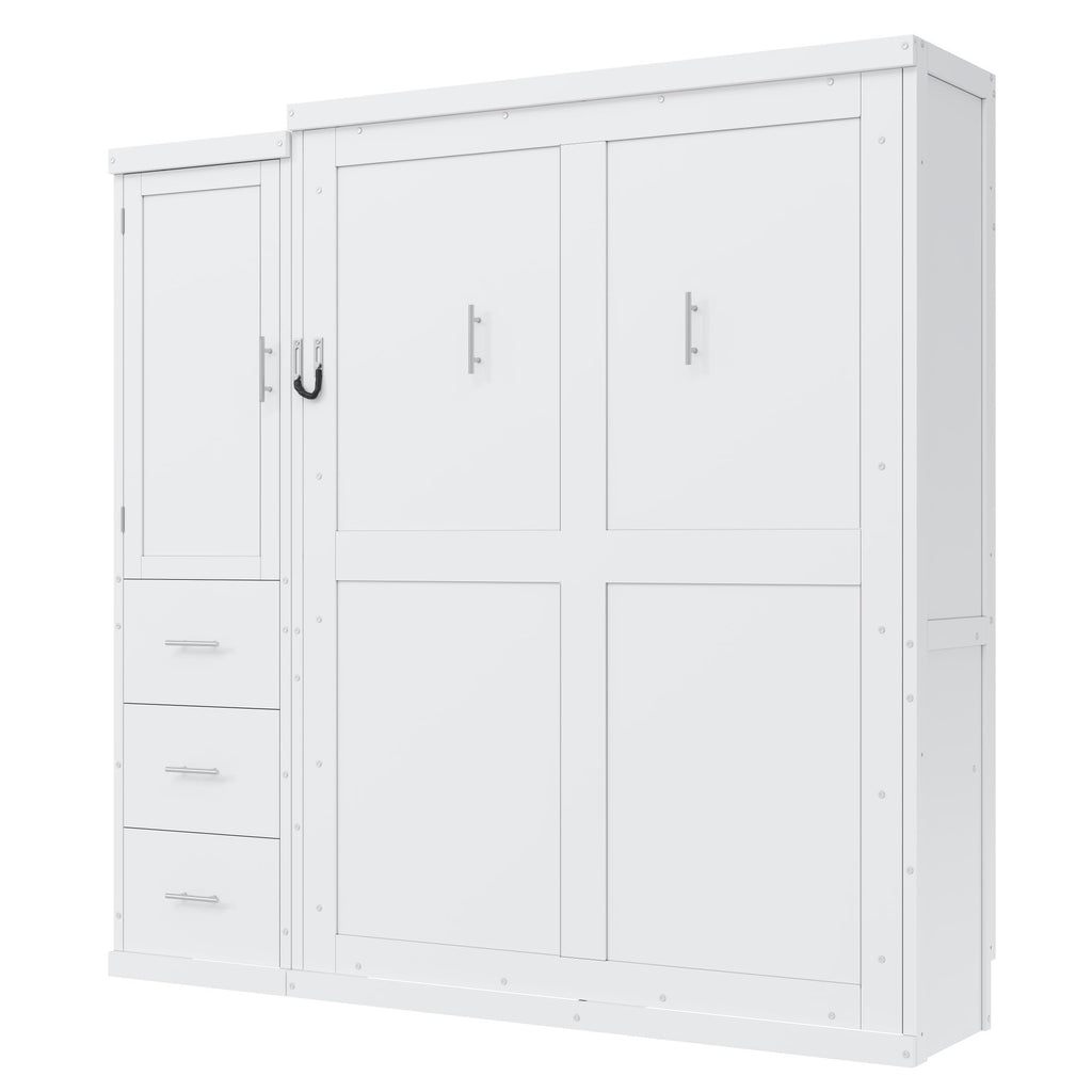 Full Murphy Bed with Storage Cabinet, Foldable Space-Saving Wood Wall Bed Frame with Wardrobe and 3 Drawers, Hidden