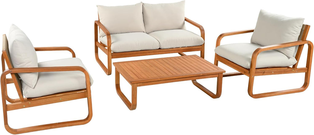 Outdoor 4-Piece Acacia Wood Conversation Set - Patio 2-Seat Loveseat Sofa w/Cushion, 2 Armchair and Square Coffee