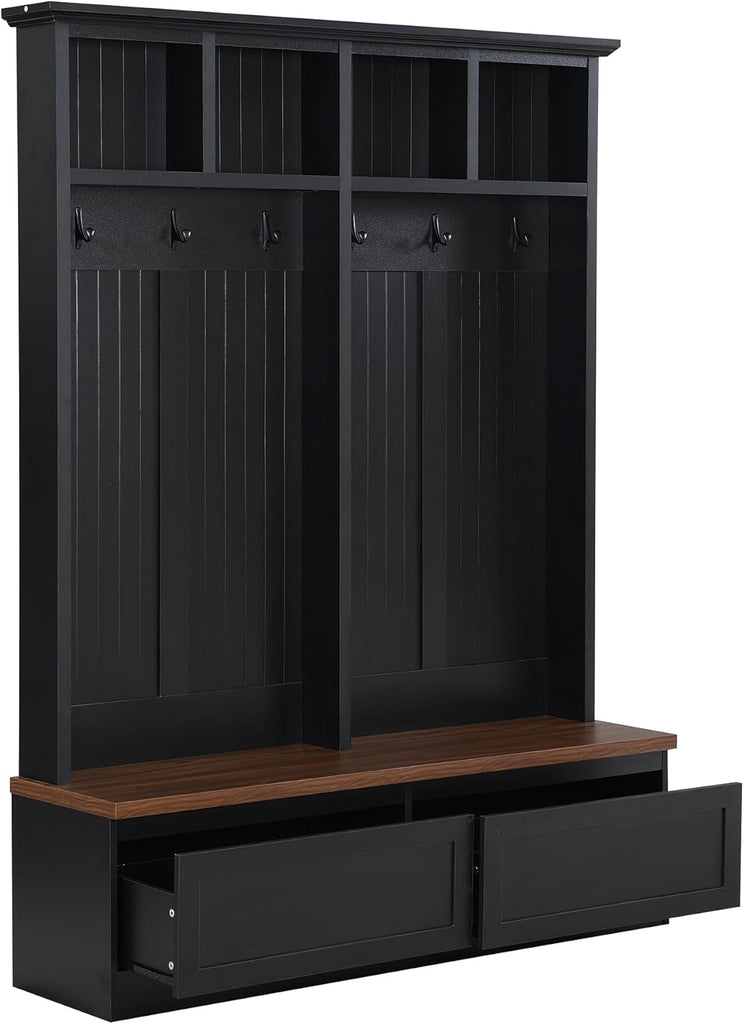 Farmhouse Entryway Hall Tree with Bench, Mudroom Coat Rack with 2 Large Drawer and Open Shelf, 4-in-1 Hallyway Shoe