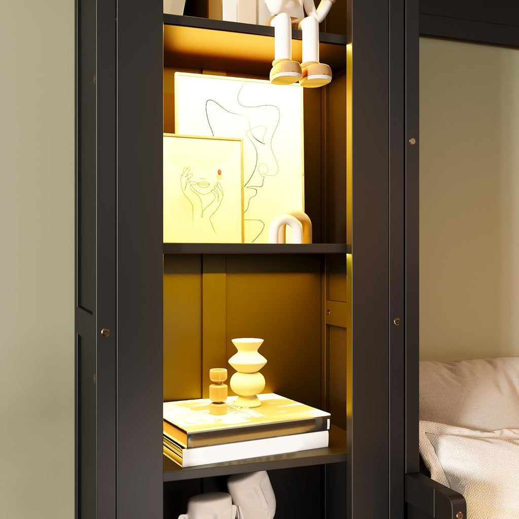 Queen Murphy Bed with Desk and Storage Bookcase & LED Light, Solid Wood Murphy Wall Bed with Storage Shelves and Drawers for Adults Bedroom Office (Queen,Black W/LED)