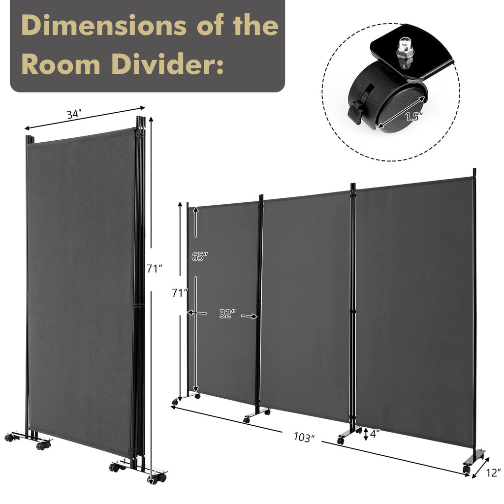 3 Panel Folding Room Divider with Wheels, 103" x 71", Gray