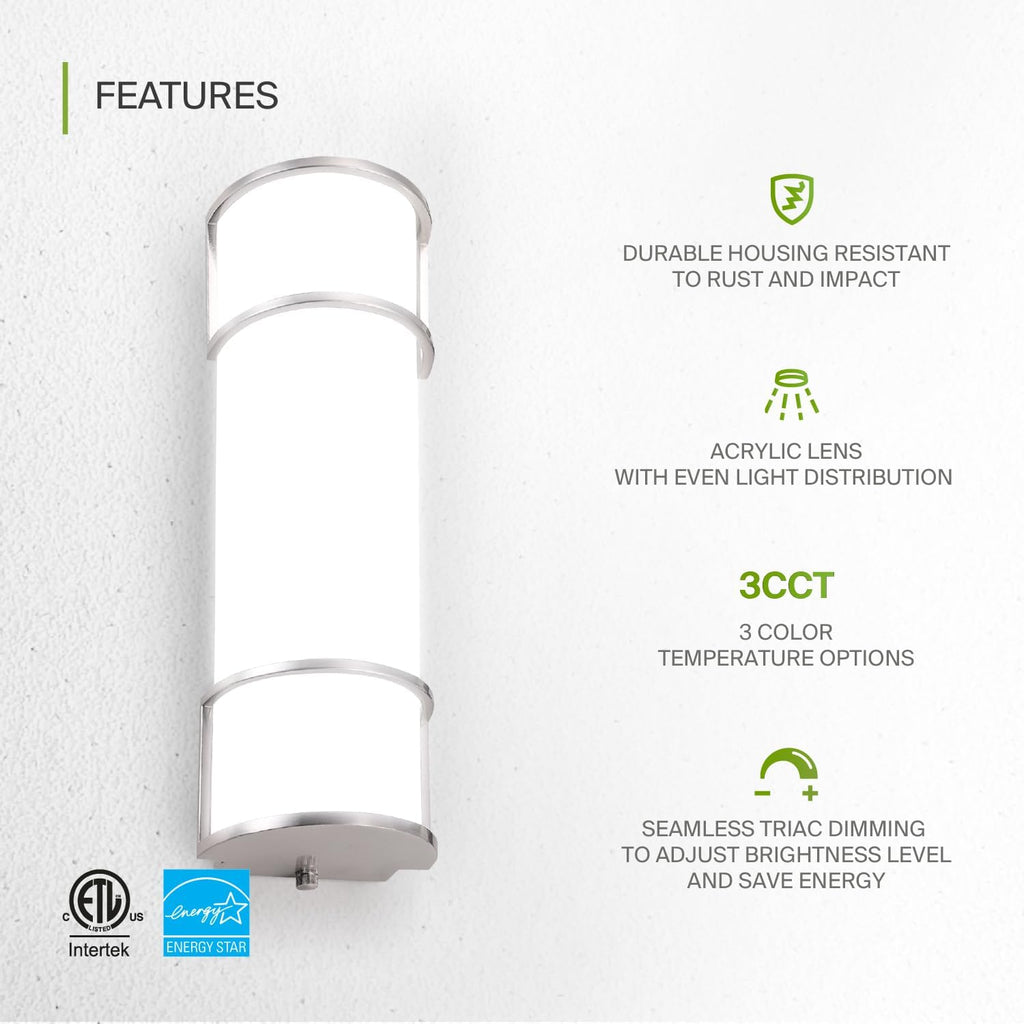 LED 18" Vanity Flush Mount Light Fixture, Linear Bathroom Lighting Bar | 3CCT, Dimmable, Energy Star, ETL Listed |