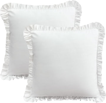 26x26 Euro Sham Covers，Ruffled Square White Euro Pillow Shams Covers Set of 2, 100% Brushed Microfiber 26x26 inches