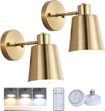 Battery Operated Wall Sconce Set of Two,Gold Modern with Remote Control Dimmable Wall Lighting Indoor, Not Hardwired