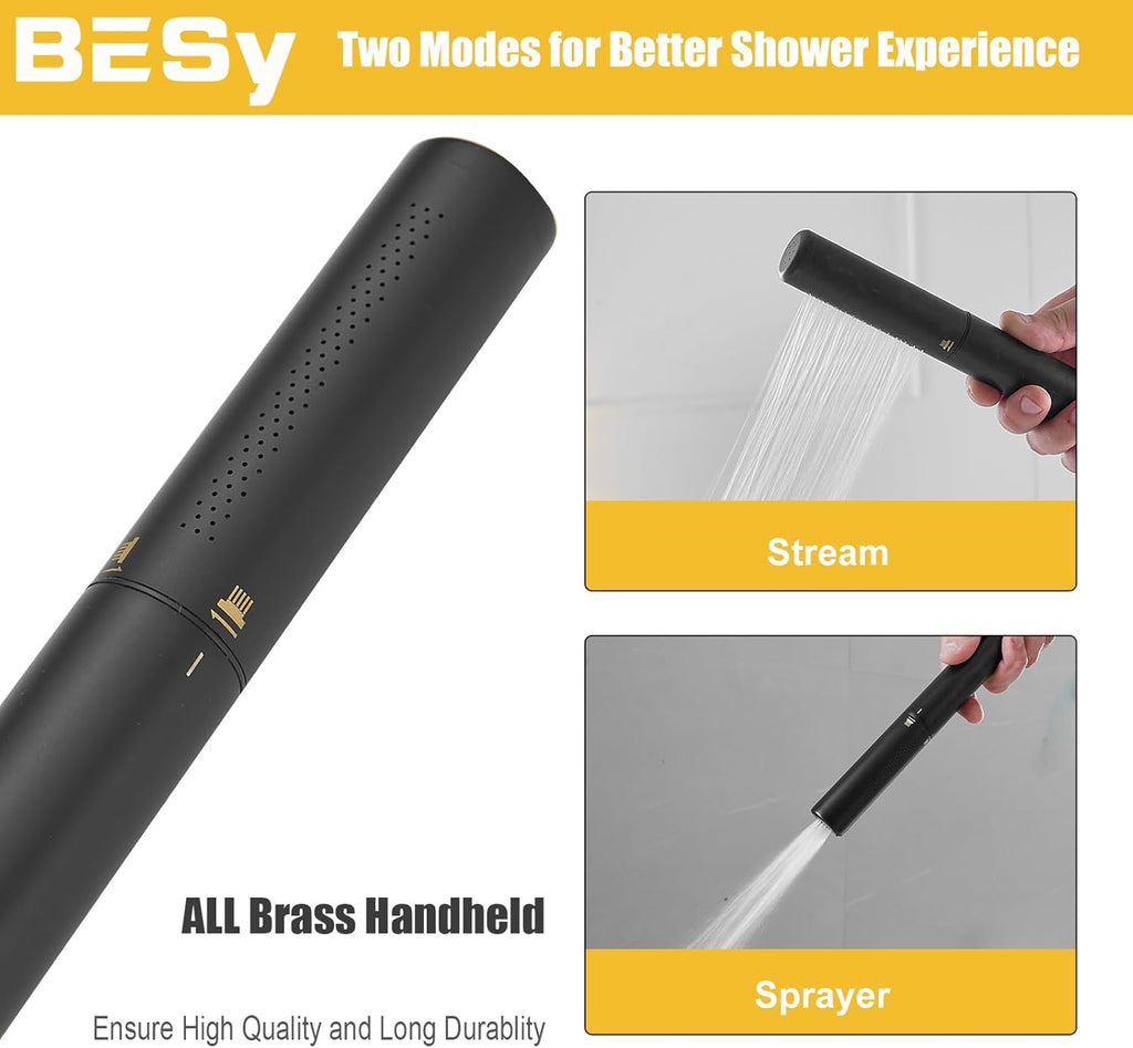 Black Brass 2 In 1 Function Handheld Shower Head Set High Pressure 7 Inch Shower Head High Flow Hand Shower Wand with 59 Inch Hose, Bracket, Matte Black Finish
