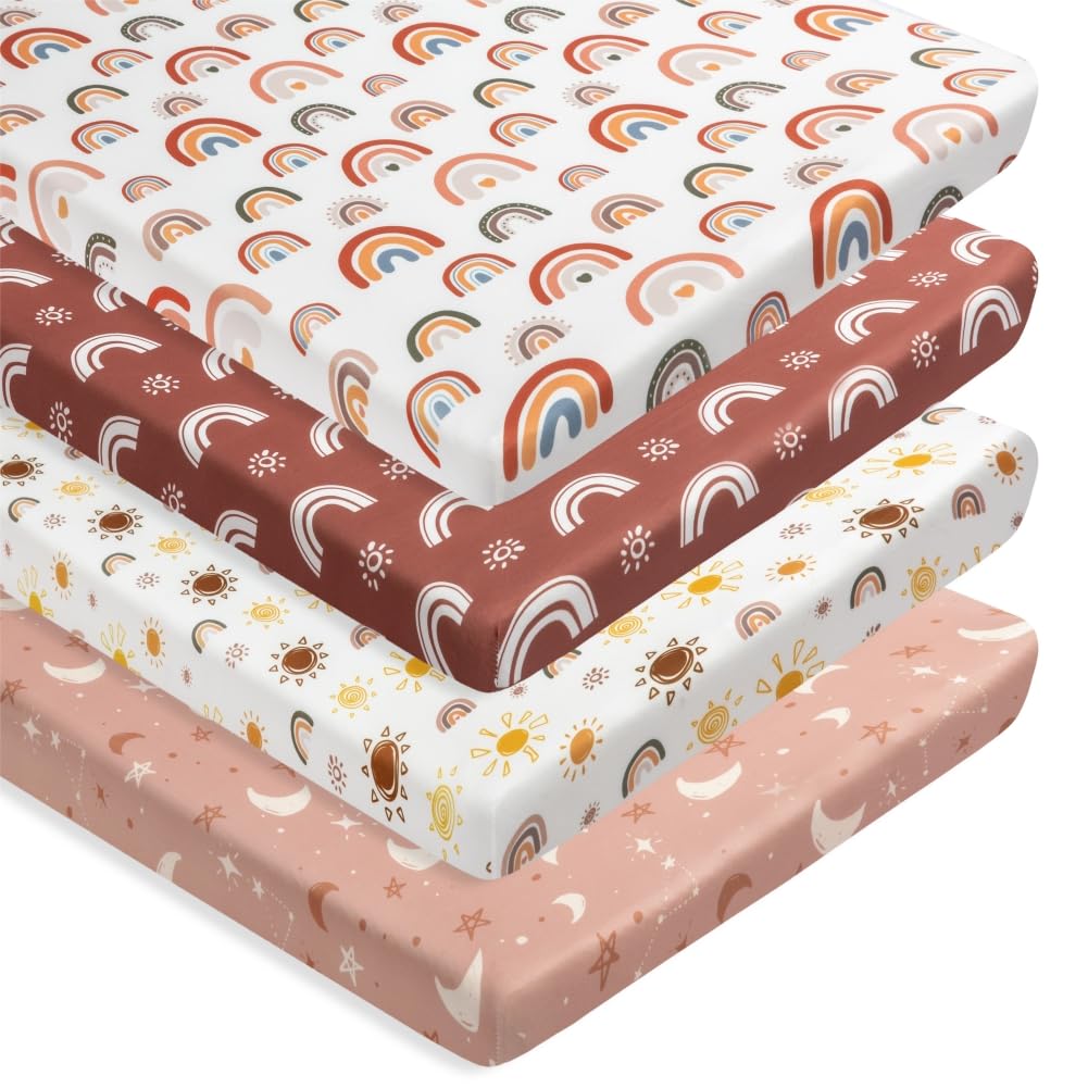 4 Pack N Play Sheets - Mini Crib Sheets Boho Nursery Sheets, Sunshine & Rainbow Design - Neutral Unisex Fitted Baby