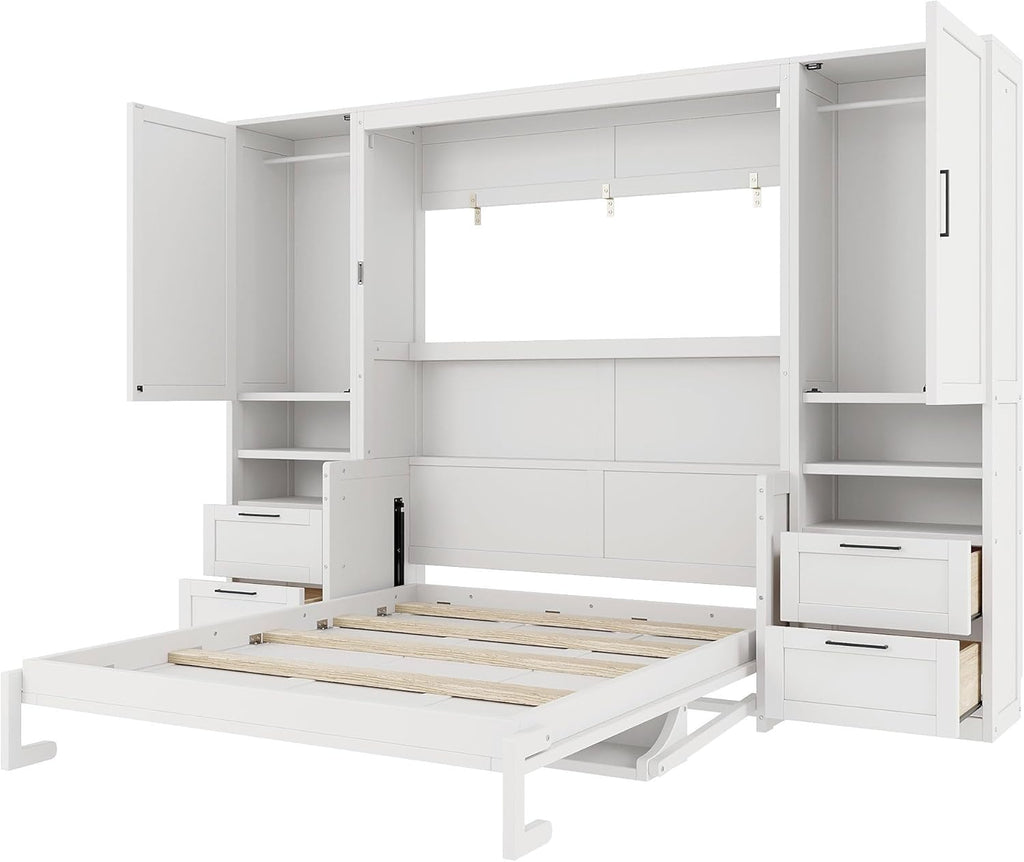 Queen Murphy Bed with Desk, Closet, Drawers and Shelves, Fold into the Wall, Space-Saving Foldable Wood Platform Bed
