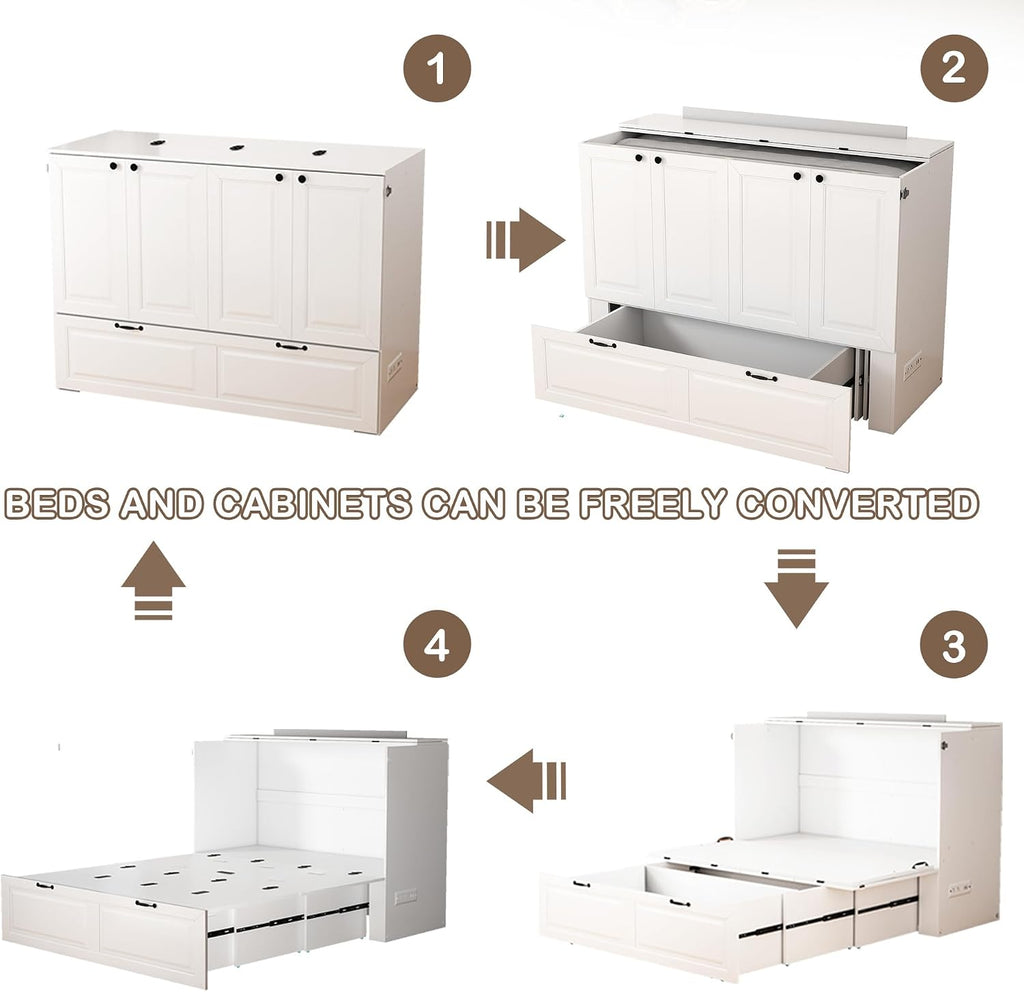 Full Murphy Bed Cabinet: White 2 in 1 Murphy Bed, Wood Cabinet Beds with Storage Drawer, Foldable and Charging
