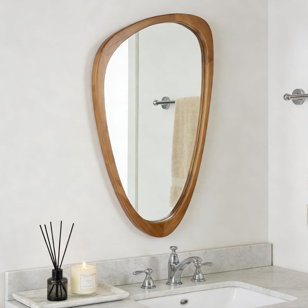 Irregular Wall Mirror Asymmetrical Bathroom Mirror, 19 x 30 Inch Wall Mounted Decorative Mirror with Wooden Frame