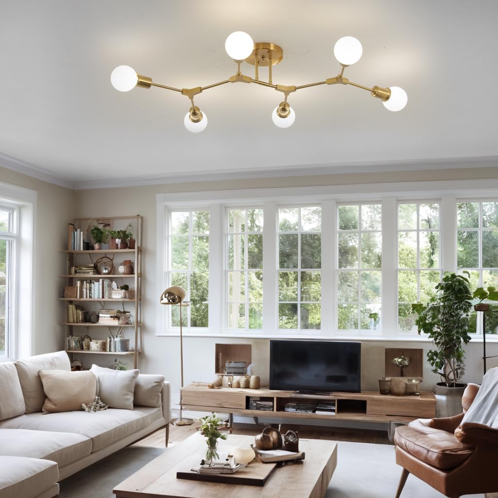 Modern Mid Century 6 Light Semi Flush Mount Ceiling Lighting Fixture for Living Room Bedroom Dining Room Hallway
