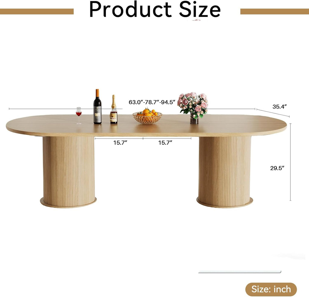 Round Extendable Dining Table, 94" Extendable Dining Room Table for 10, Retro Wooden Kitchen Expanding Table Oval Top