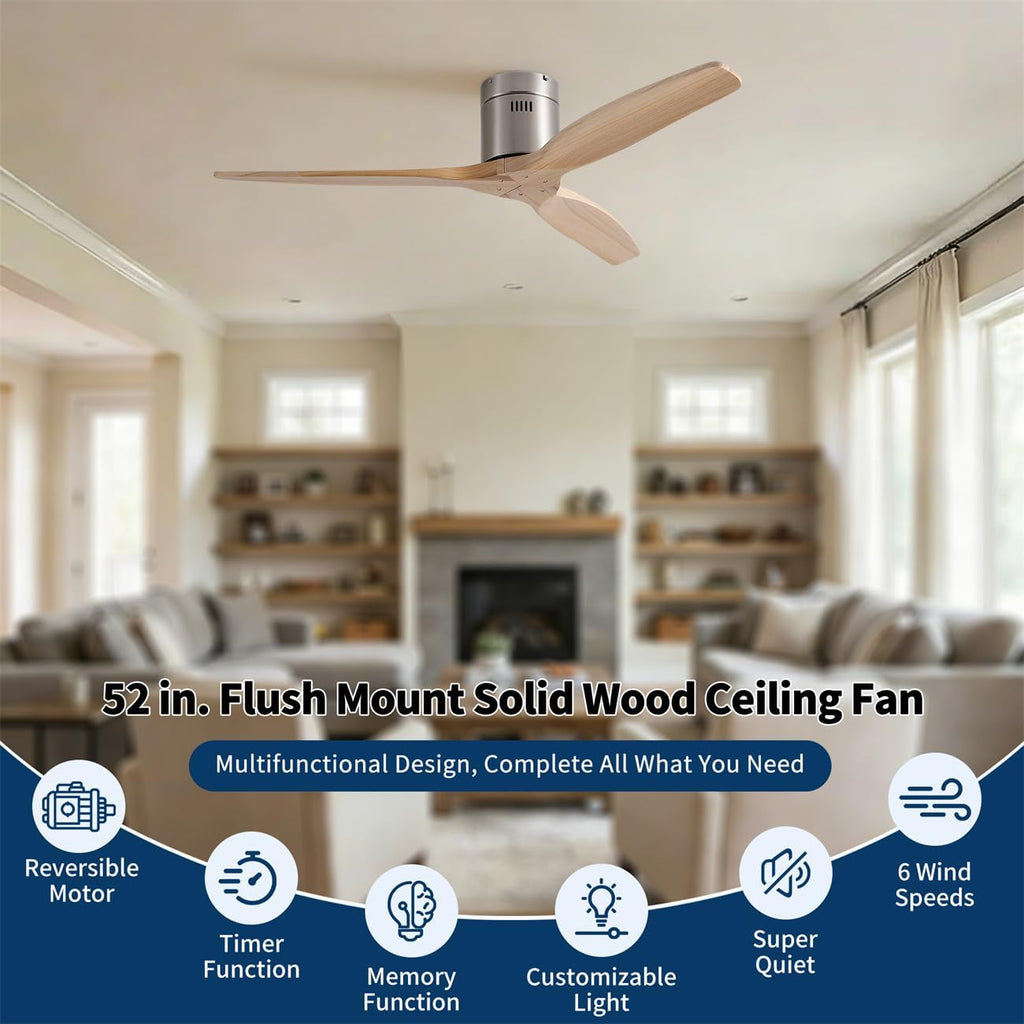 52" American Farmhouse Rustic Elegance Classical Solid Wood Low Profile Flush Mount Ceiling Fan without Light