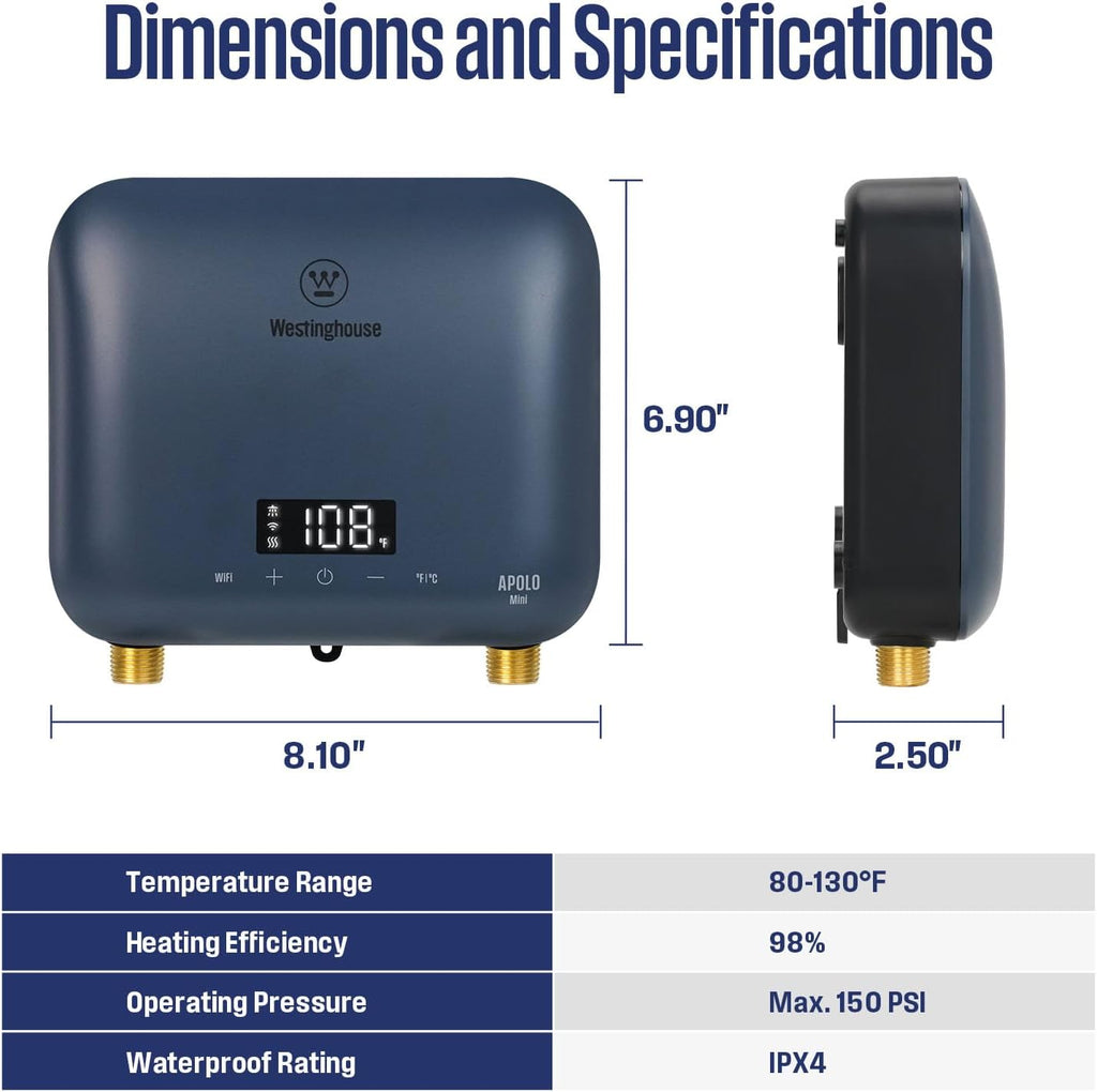Apolo Mini 8kW Tankless Water Heater Electric, 240V Instant Hot Water Heater, Under Sink Water Heater Electric