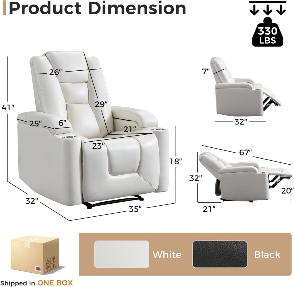 ANJ White Power Recliner Chair Electric Home Theater Seating Soft Leather Movie Chair for Living Room Overstuffed