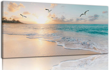 Beach Wall Art Decor Ocean Canvas Picture for Wall Gold Sunset Painting Blue Seascape Theme Art Print Home Office