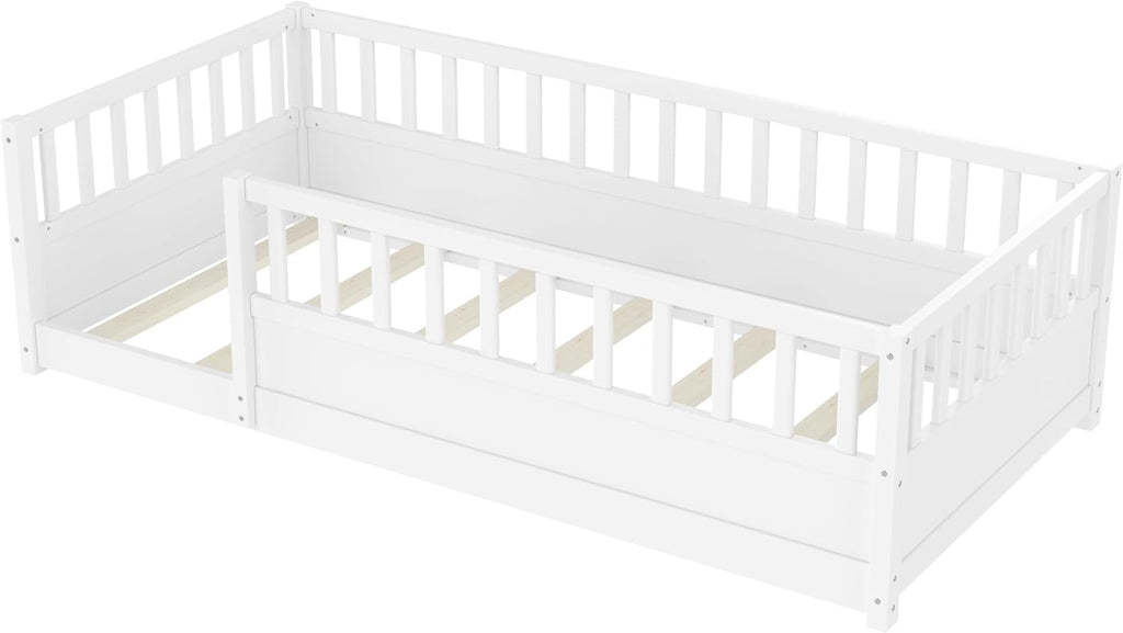 Twin Size Kids Montessori Floor Bed Frame with High Fence,White | Solid Wood,Full Surround Safety Guardrails,Slat