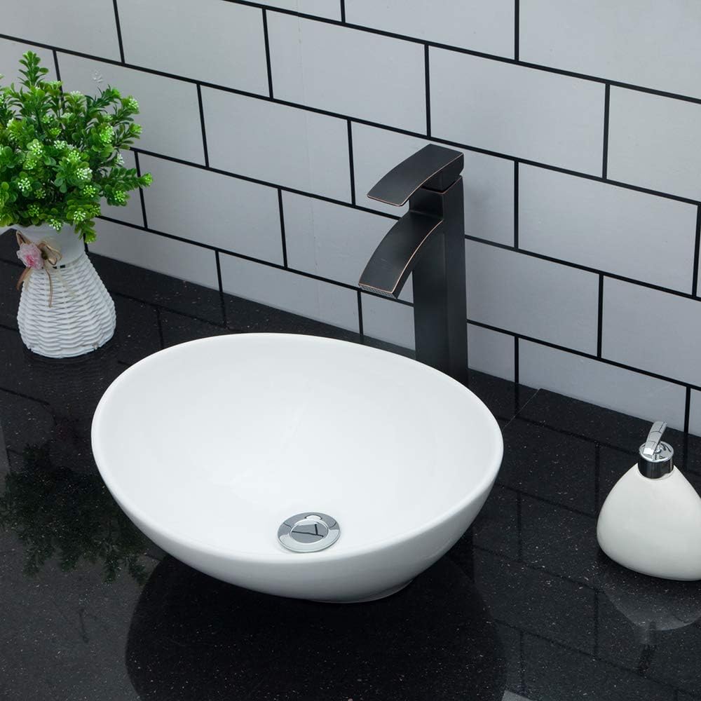 Kichae Oval Vessel Sink 16"x13" Modern Bathroom Vessel Sink Above Counter Egg Oval Shape White Porcelain Ceramic