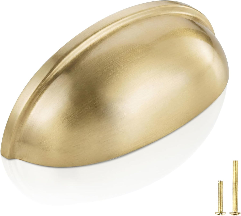2-Pack Solid Brass Cabinet Bin Pulls,Gold Cup Drawer Dresser Handles,3-Inch Hole Center,Kitchen Cupboard Konbs