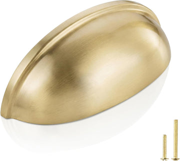 2-Pack Solid Brass Cabinet Bin Pulls,Gold Cup Drawer Dresser Handles,3-Inch Hole Center,Kitchen Cupboard Konbs