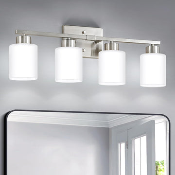 Brushed Nickel Bathroom Light Fixtures Vanity Lights Over Mirror | Modern 4-Light lighting fixtures with Milky White