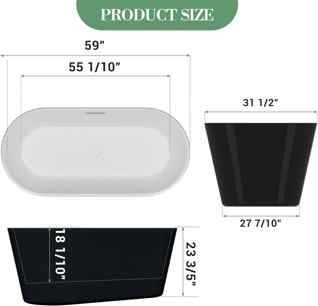 59 Inch Freestanding Bathtub, Acrylic, Deep Soaking Tub with Non-Slip Base, Modern Black Free Standing Tub for