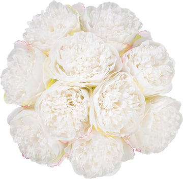 Heads Artificial Peonies Silk Flowers Bouquet Cream White - Set of 10