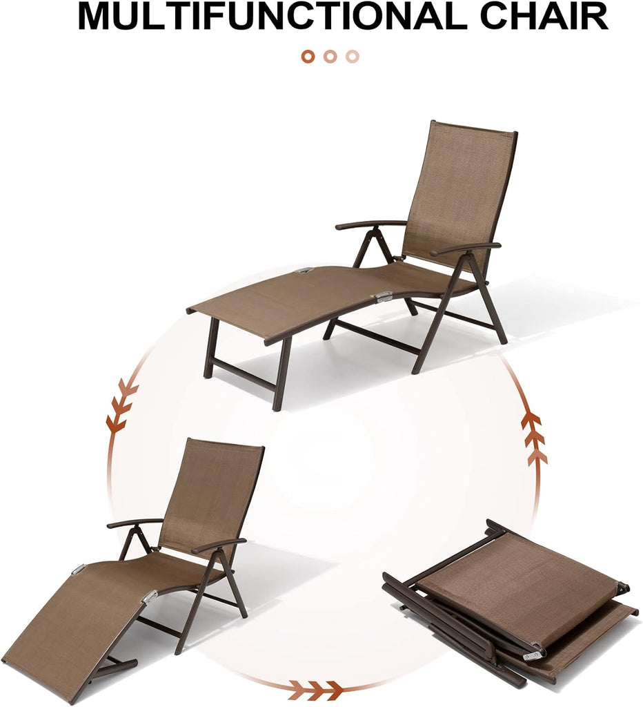 Lounge Chair Outdoor, Folding Pool Chaise Chairs Set of 2 (Brown) | Rust-Resistant Aluminum Frame, 8-Position