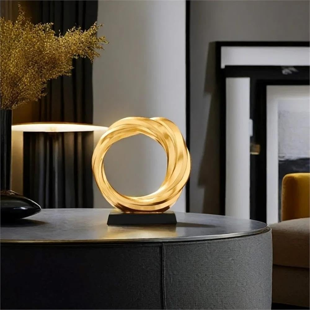 Modern Gold Resin Circle Sculpture, Abstract Design with Crystal Ball, 8.66 in Decorative Home Accent, or Entryway